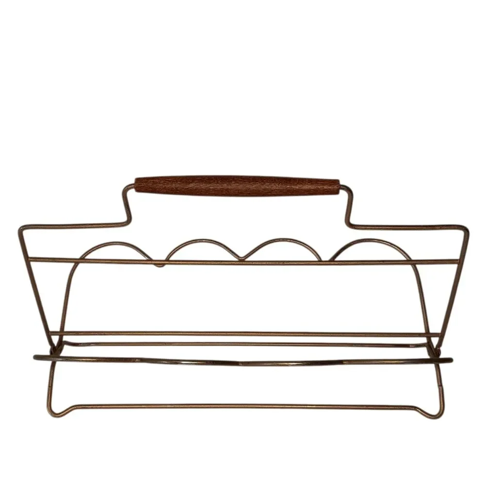 Vintage Mid-century Modern Gold Metal 8 Glass Holder Caddy Wooden Handle
